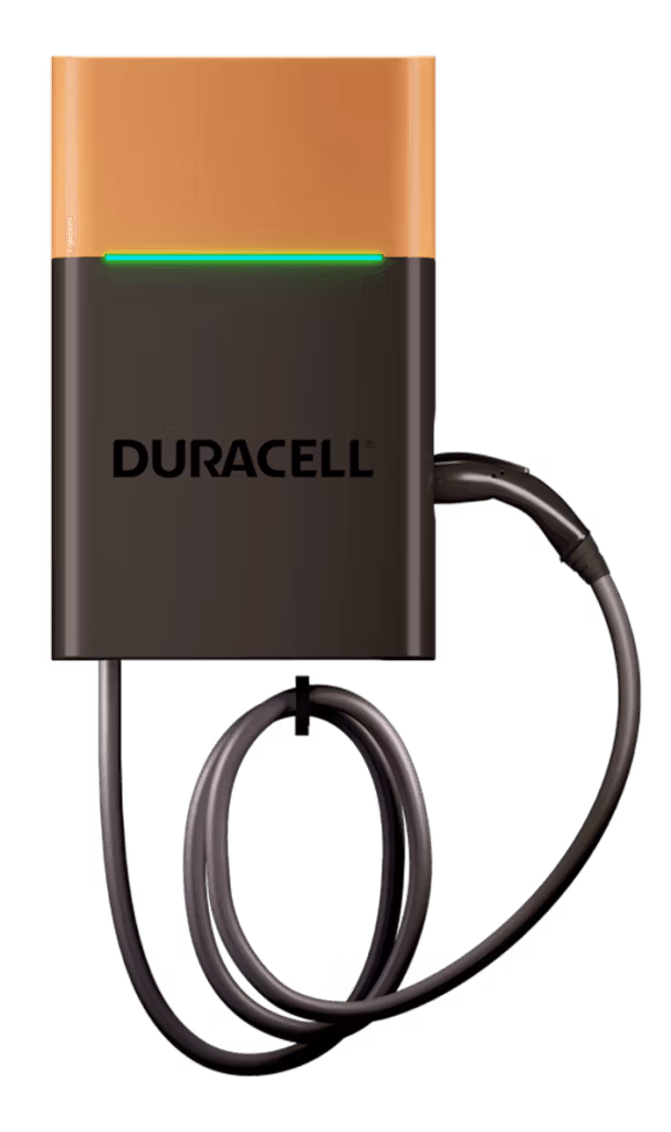 Duracell EV charger with a black body and orange top, featuring a green indicator light and a charging cable.